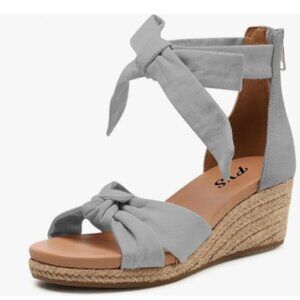 FYS Grey Open Toe Espadrille Wedges Bowknot Lace Up Zipper Platform Sandals